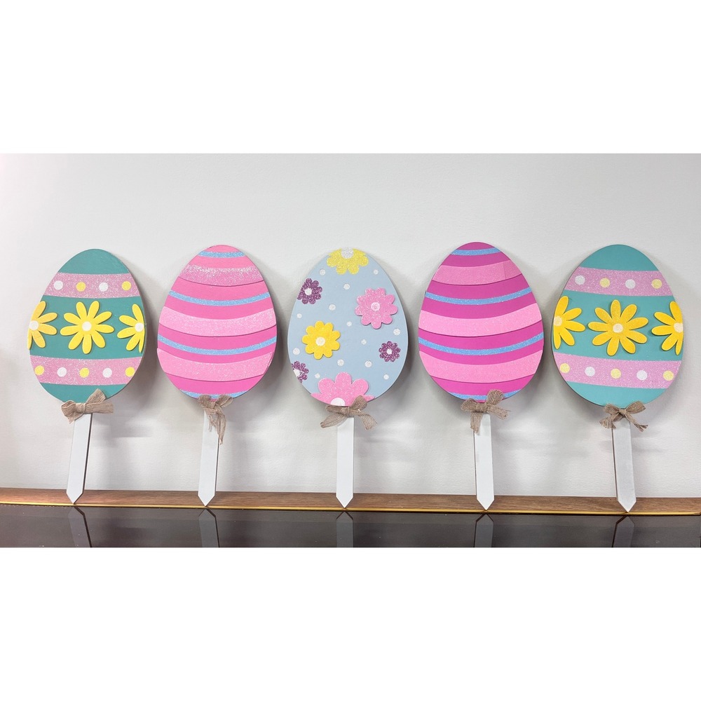 Set of 5 Easter Egg Yard Stakes Wooden Pastel Glitter Floral Spring Garden Decor